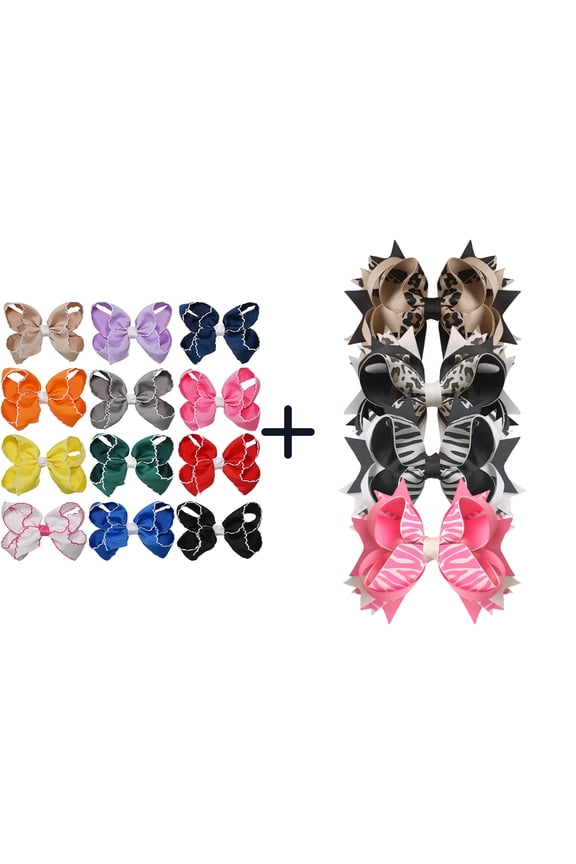12+4 Pack Small Ruffled Hair Bows & Animal Print Spike Hair Bows, Alligator Clips