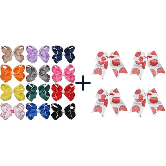 JoyBowie 12+4 Pack Small Ruffled Hair Bows & Basketball Print Cheer Bows, Clips & Elastics