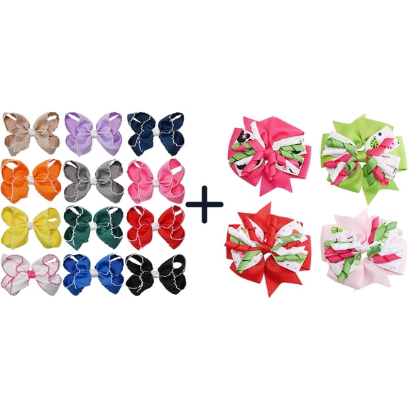 JoyBowie 12+4 Pack Small Ruffled Hair Bows & Cherry Print Star Bows, Alligator Clips