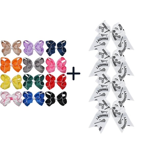 JoyBowie 12+4 Pack Small Ruffled Hair Bows & Lacrosse Print Cheer Bows, Clips & Elastics
