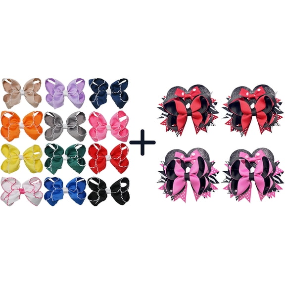 JoyBowie 12+4 Pack Small Ruffled Hair Bows & Large Mouse Ear Bows, Alligator Clips