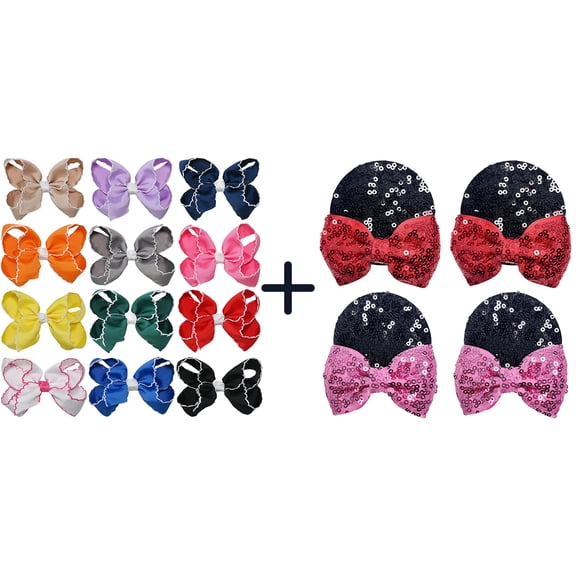 JoyBowie 12+4 Pack Small Ruffled Hair Bows & Large Sequin Mouse Ear Bows, Alligator Clips