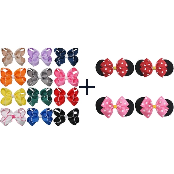 JoyBowie 12+4 Pack Small Ruffled Hair Bows & Mouse Ear Polka Dot Bows, Clips