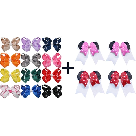 JoyBowie 12+4 Pack Small Ruffled Hair Bows & Polka Dot Mouse Ear Bows, Alligator Clips