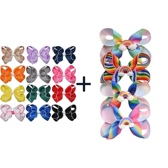 JoyBowie 12+4 Pack Small Ruffled Hair Bows & Rainbow Charm Bows, Alligator Clips