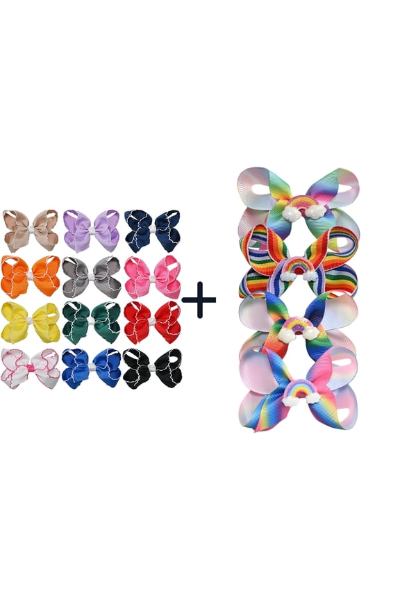 12+4 Pack Small Ruffled Hair Bows & Rainbow Charm Bows, Alligator Clips