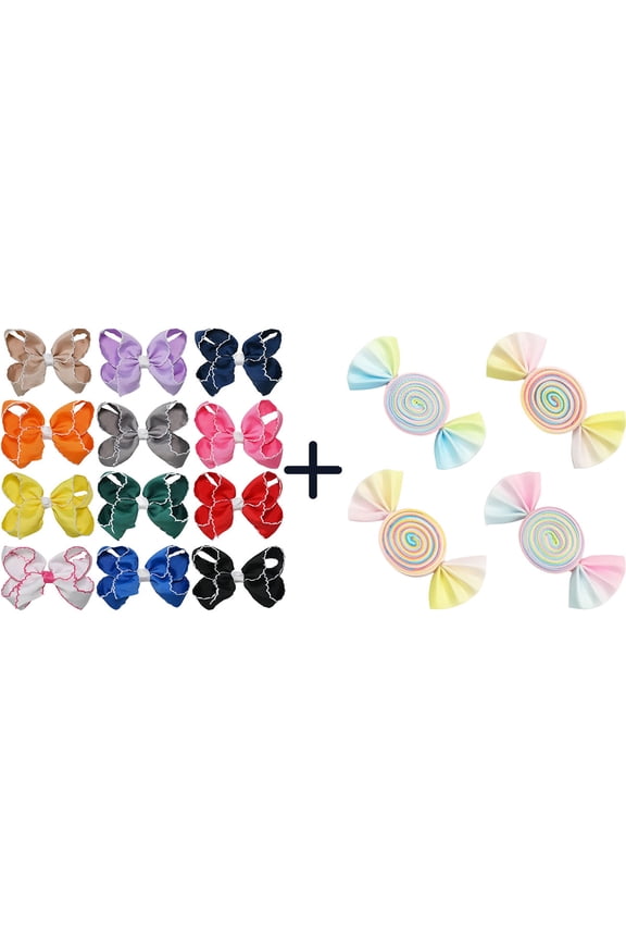 12+4 Pack Small Ruffled Hair Bows & Rainbow Lollipop Candy Hair Clips