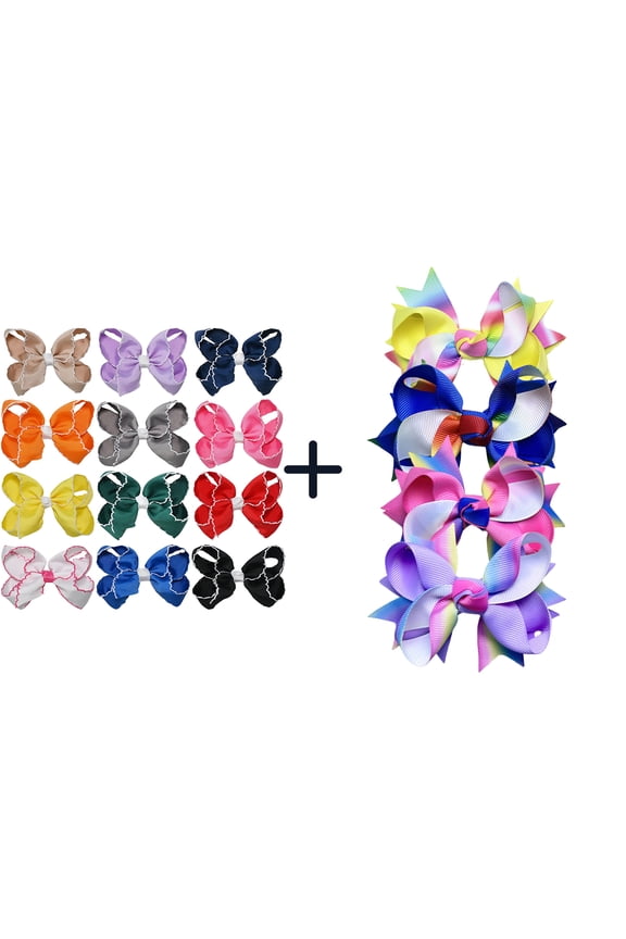 12+4 Pack Small Ruffled Hair Bows & Rainbow Spike Hair Bows, Alligator Clips