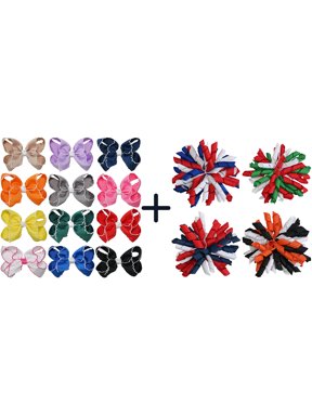 12+4 Pack Small Ruffled Hair Bows & Spiral Pom Bows, Alligator Clips