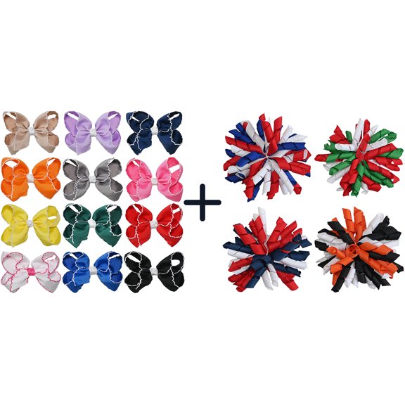 JoyBowie 12+4 Pack Small Ruffled Hair Bows & Spiral Pom Bows, Alligator Clips