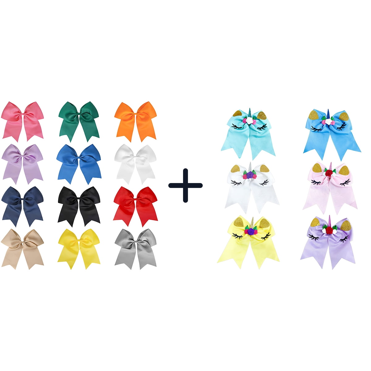JoyBowie 12+6 Pack Large Cheer Bows & Unicorn Hair Bows, Elastic Ties for Girls