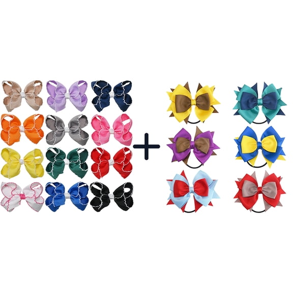 JoyBowie 12+6 Pack Small Ruffled Hair Bows & Double-Layer Cheer Bows, Clips & Ties