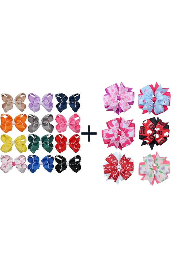 12+6 Pack Small Ruffled Hair Bows & Large Heart Pattern Cheer Bows, Clips