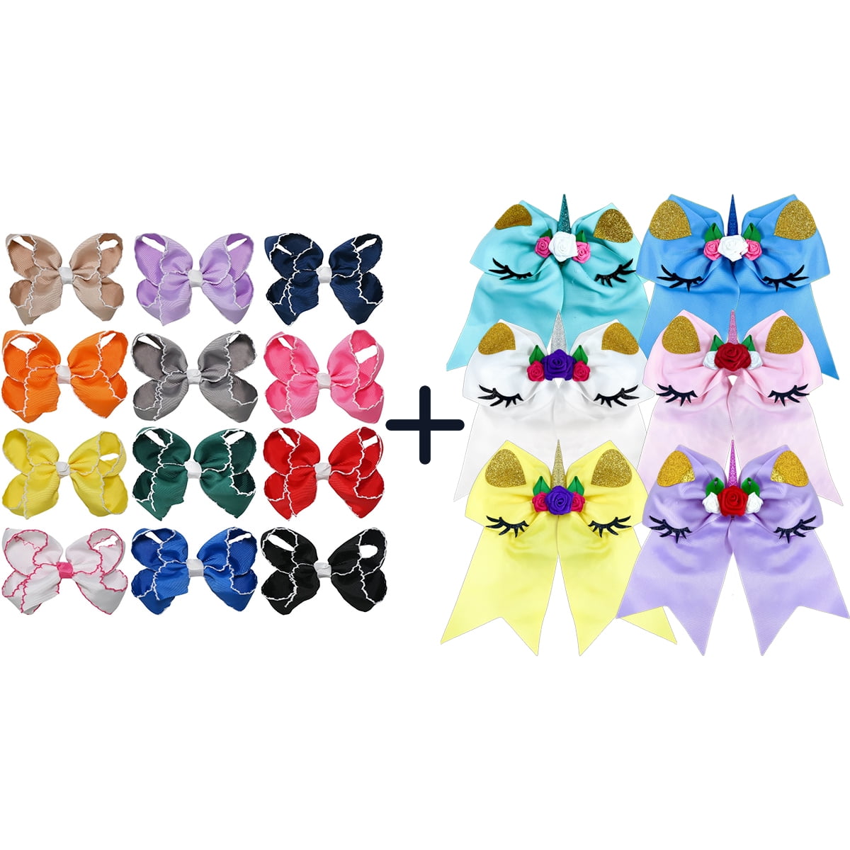 JoyBowie 12+6 Pack Small Ruffled Hair Bows & Large Unicorn Hair Bows, Clips & Hair Ties
