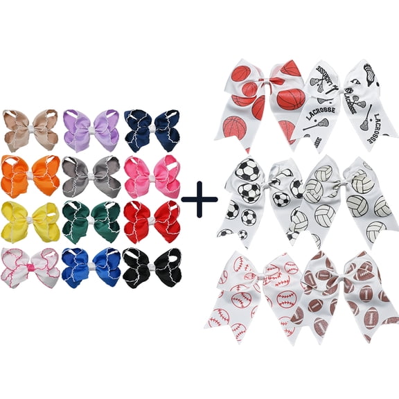 JoyBowie 12+6 Pack Small Ruffled Hair Bows & Sports Print Cheer Bows, Clips & Elastics