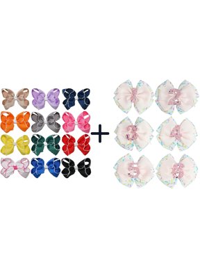 12+6 Pack Small Ruffled Hair Bows & Sprinkle Number Bows, Alligator Clips