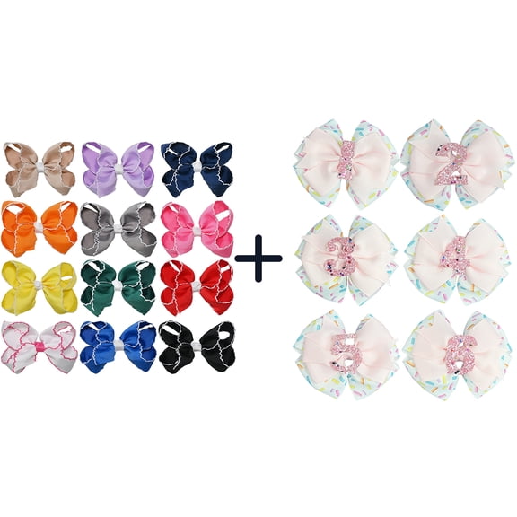 JoyBowie 12+6 Pack Small Ruffled Hair Bows & Sprinkle Number Bows, Alligator Clips
