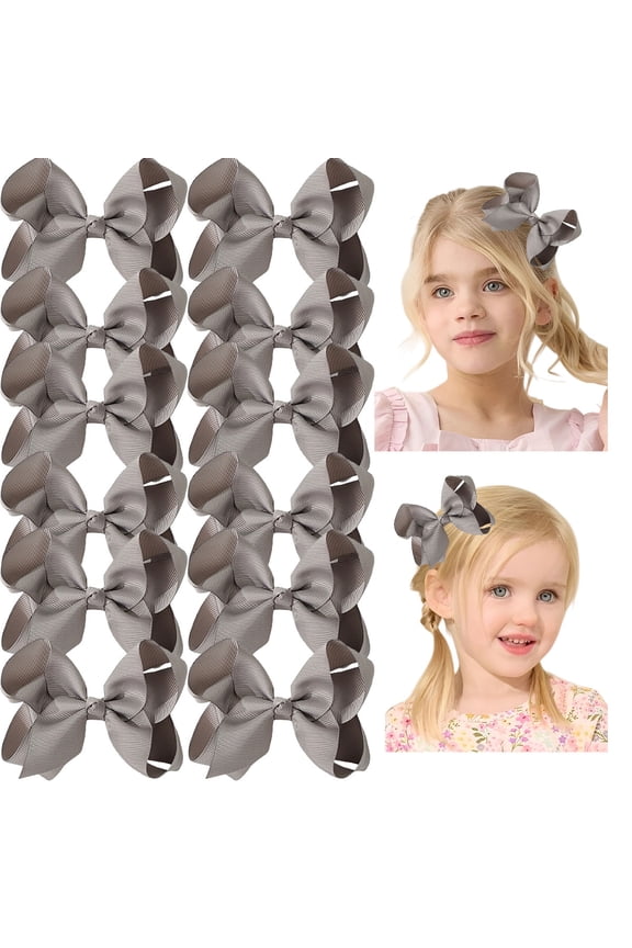 12 Pack 3 Inch Gray Hair Bows for Girls, Grosgrain Ribbon Bows with Alligator Clips for Toddlers, Kids, Daily Wear, School Uniforms and Party Accessories