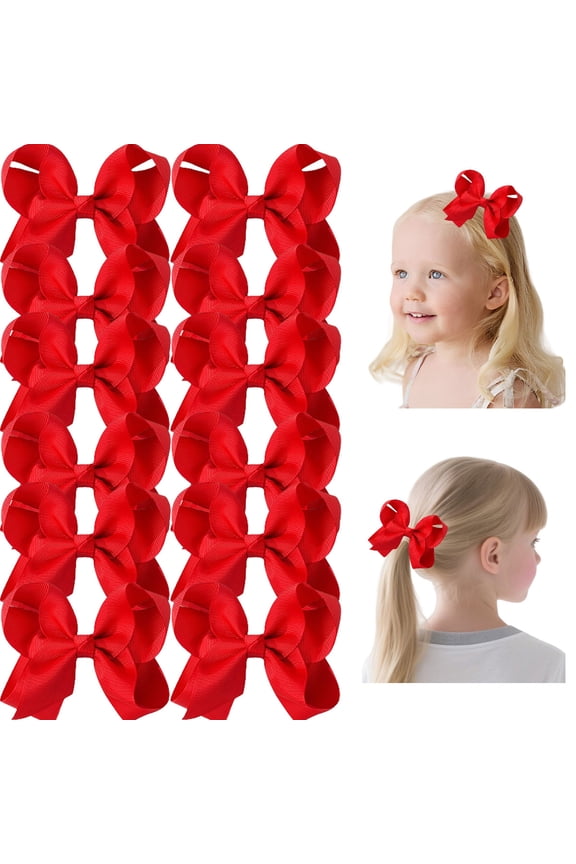 12 Pack 3 Inch Red Hair Bows for Girls, Grosgrain Ribbon Bows with Alligator Clips for Toddlers, Kids, Daily Wear, School Uniforms and Party Accessories