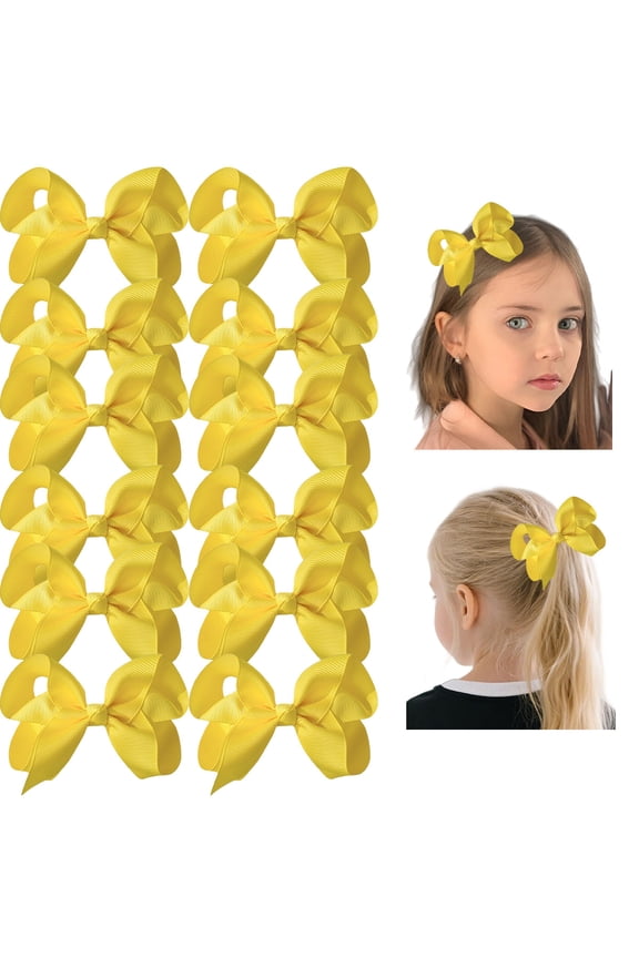 12 Pack 3 Inch Yellow Hair Bows for Girls, Grosgrain Ribbon Bows with Alligator Clips for Toddlers, Kids, Daily Wear, School Uniforms and Party Accessories