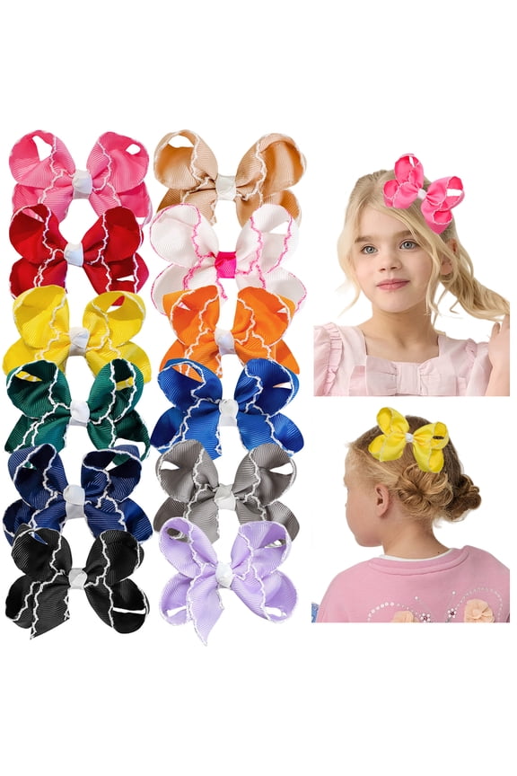 12-Pack 4.5 Inch Ruffle Edge Hair Bows Grosgrain Ribbon Alligator Clips Assorted Colors