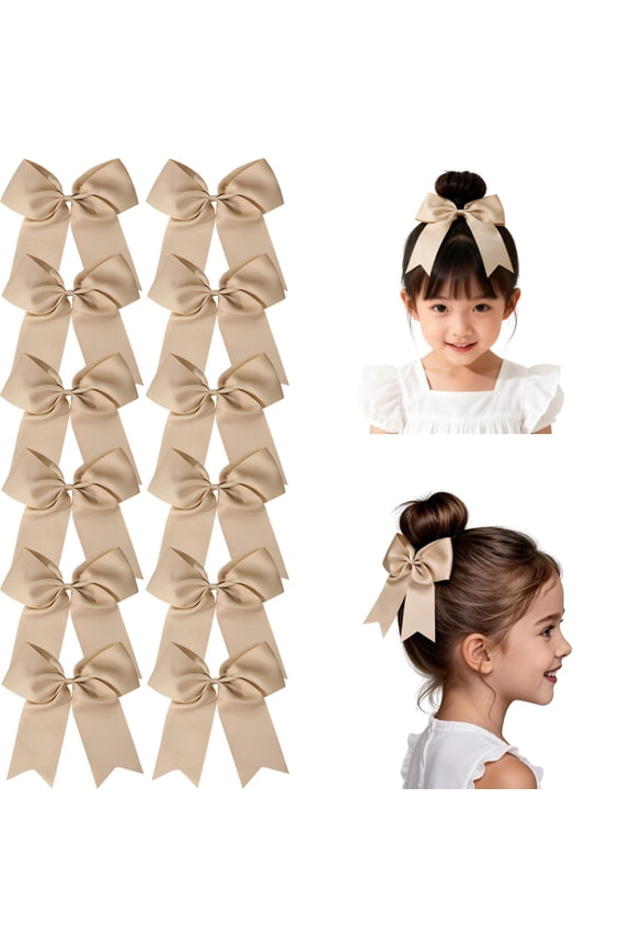12 Pack 8 Inch Large Beige Cheer Bows for Girls, Satin Hair Bows with Elastic Bands, for Cheerleading, Sports, and Daily Wear
