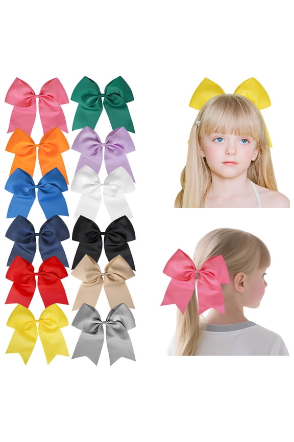 12 Pack 8 Inch Large Cheer Bows for Girls, Satin Hair Bows with Alligator Clips, 12 Assorted Colors for Cheerleading, Sports, and Daily Wear