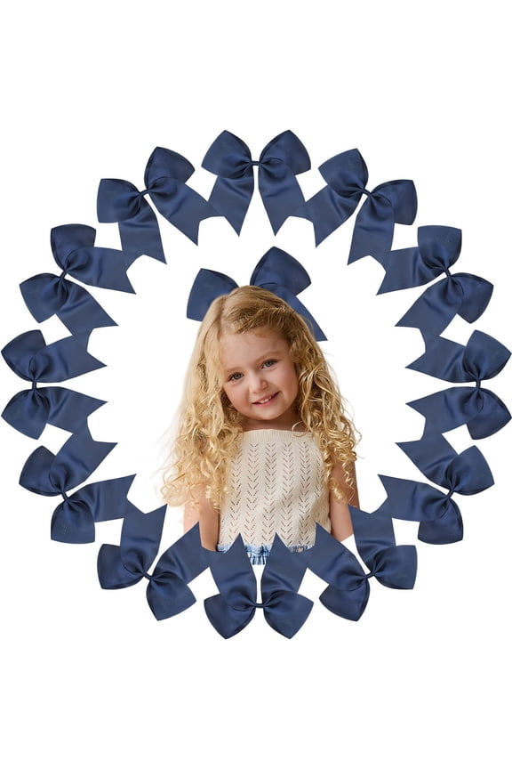 12 Pack 8 Inch Large Navy Blue Cheer Bows for Girls, Solid Color Grosgrain Hair Bows with Elastic Hair Ties for Cheerleading, Sports, and Daily Wear