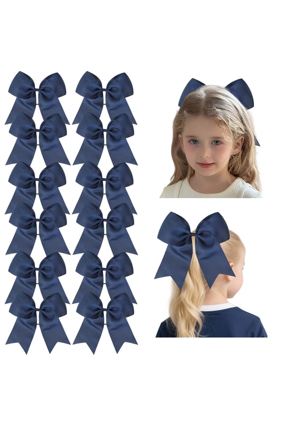 12 Pack 8 Inch Large Navy Blue Cheer Bows for Girls, Satin Hair Bows with Elastic Bands, for Cheerleading, Sports, and Daily Wear