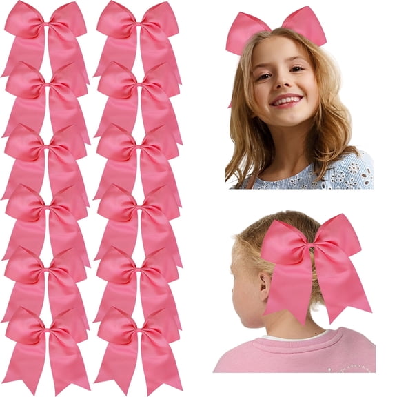 JoyBowie 12 Pack 8 Inch Large Pink Cheer Bows for Girls, Satin Hair Bows with Elastic Bands, for Cheerleading, Sports, and Daily Wear