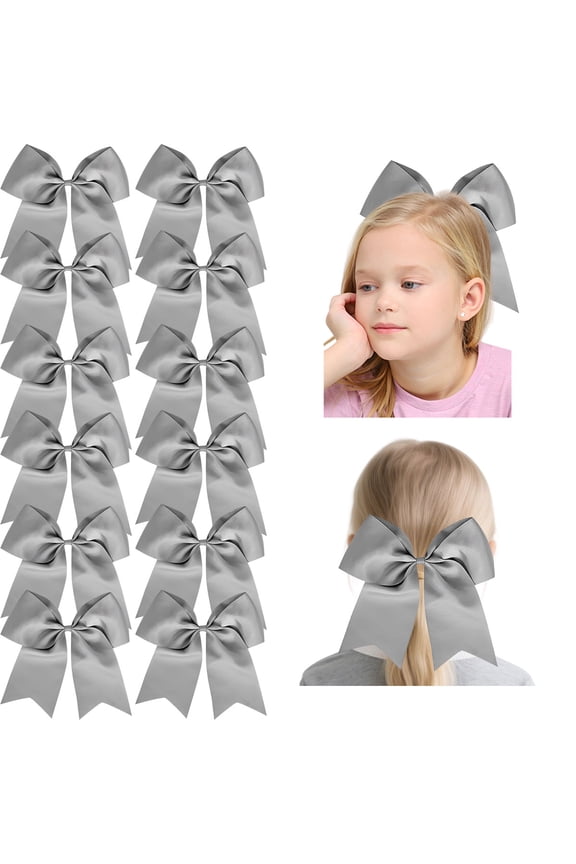 12 Pack 8 Inch Large Silver Cheer Bows for Girls, Satin Hair Bows with Elastic Bands, for Cheerleading, Sports, and Daily Wear
