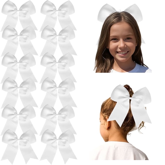 JoyBowie 12 Pack 8" Large White Cheer Bows for Girls – Satin Hair Bows with Alligator Clips for Cheerleading, Sports, School & Daily Wear