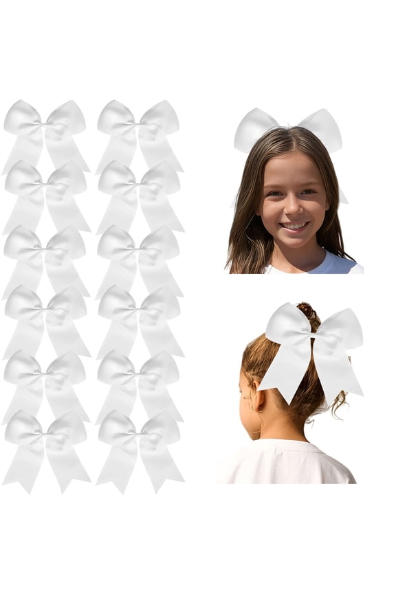 12 Pack 8 Inch Large White Cheer Bows for Girls, Satin Hair Bows with Alligator Clips, for Cheerleading, Sports, and Daily Wear