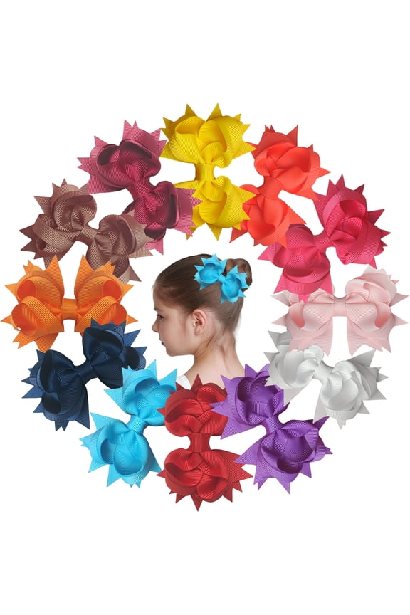 12 Pcs 3.5 Inch Layered Hair Bows Clips Grosgrain Ribbon Starburst Edge Solid Color Hair Accessories for Girls Toddlers Kids