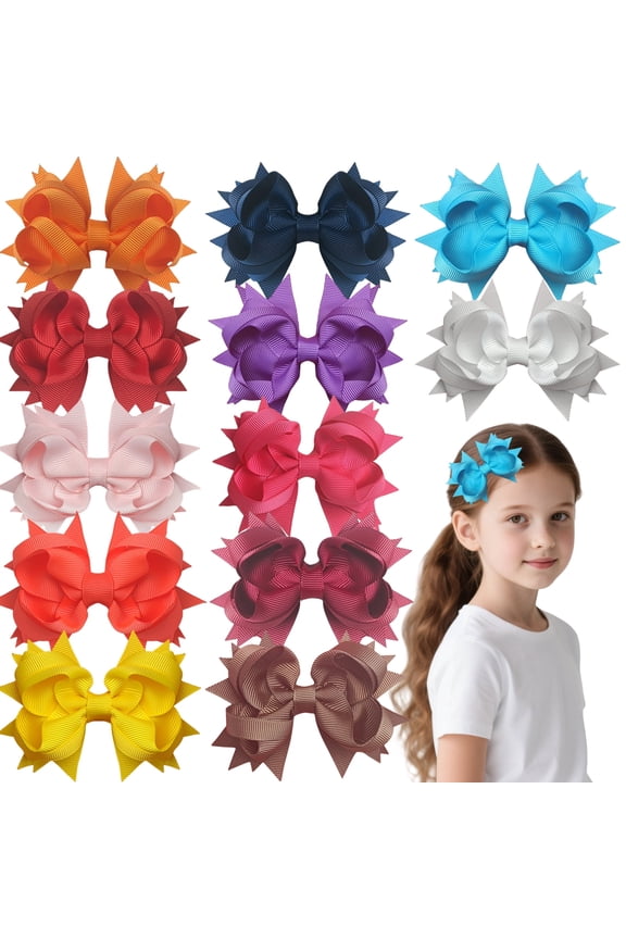 12 Pcs 3.5 Inch Layered Hair Bows Starburst Edge Solid Color Design for Girls Hair Accessories
