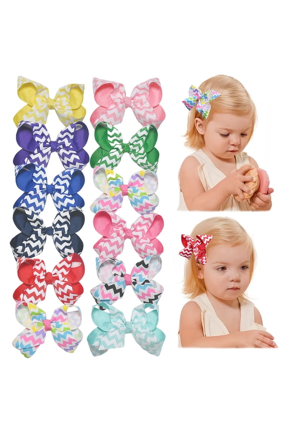 12 Pcs 4.1 x 3.5 Inches Hair Bows Clips for Girls Chevron Pattern Alligator Barrettes Hair Accessories