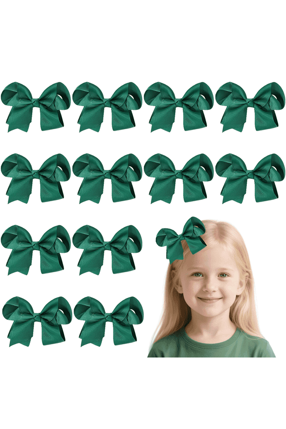 12 Pcs 4.5 Inch Dark Green Hair Bows for Girls, Grosgrain Ribbon Alligator Clips, St. Patrick's Day and Daily Wear Hair Accessories