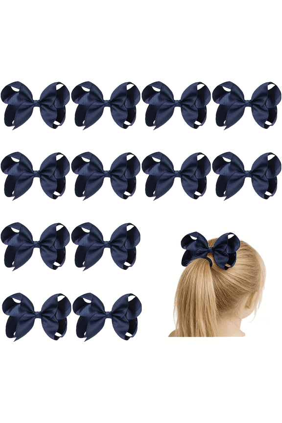 12 Pcs 4.5in Navy bow Baby navy hair bows Toddler bows for Girls Grosgrain Ribbon Hair Clips