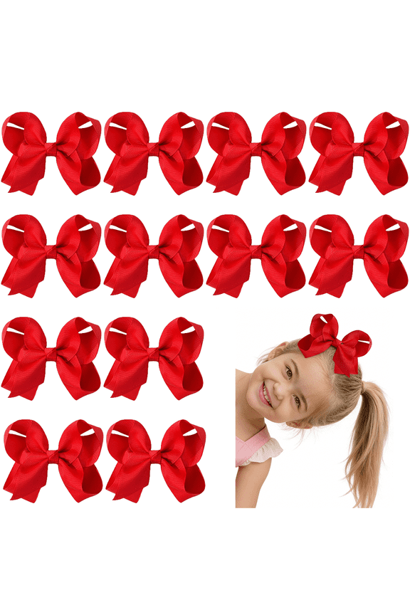 12 Pcs 4.5in Red bow Baby red hair bows Toddler bows for Girls Grosgrain Ribbon Hair Clips