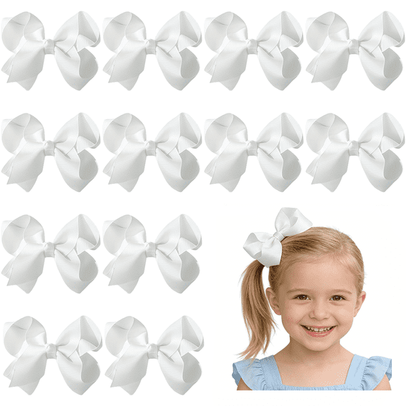 JoyBowie 12 Pcs 4.5in White bow Baby white hair bows Toddler bows for Girls Grosgrain Ribbon Hair Clips