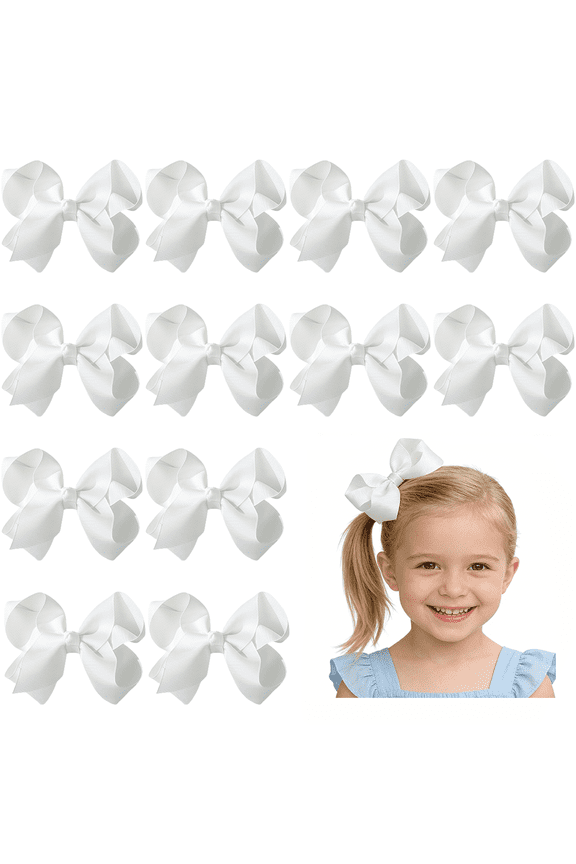 12 Pcs 4.5in White bow Baby white hair bows Toddler bows for Girls Grosgrain Ribbon Hair Clips