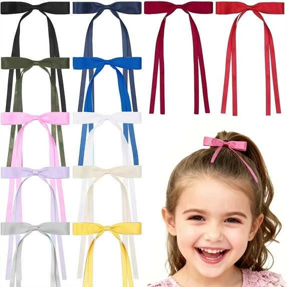 JoyBowie 12 Pcs 6inch Long Satin Hair Bows for Girls 4-12 Years, Ribbon Hair Ties for School Dresses & Parties