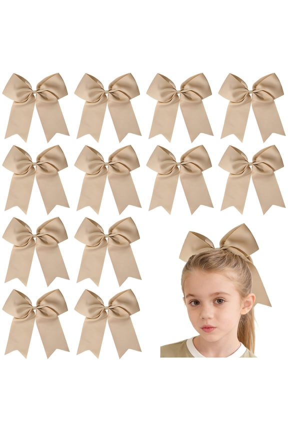 12 Pcs 8 Inch Beige Hair Bows Grosgrain Ribbon Alligator Clips for Girls Kids Toddlers