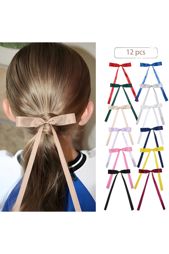 12 Pcs 9.5 Inch Satin Ribbon Hair Bows Clips Long Tail Solid Color Hair Accessories for Girls Teens Women