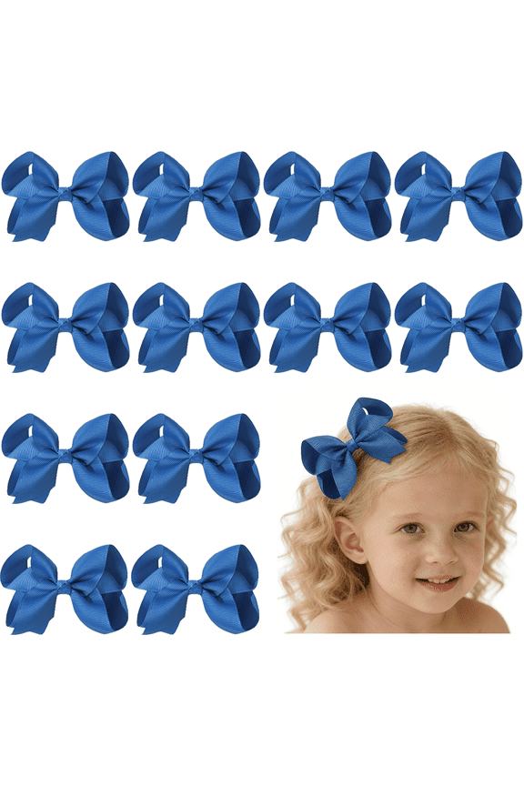 12 pack 3 inch solid blue hair bows, grosgrain ribbon baby bows with alligator clips for girls toddlers