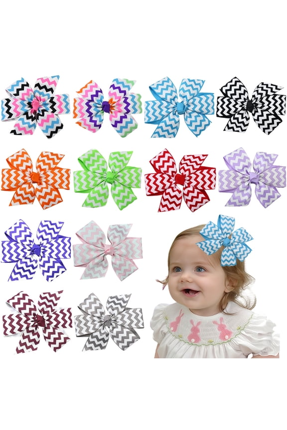 12pcs 3.5in Chevron-Print Hair Bows Multi-Color Ribbon Clips