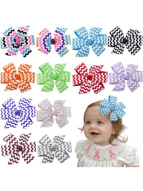 12pcs 3.5in Chevron-Print Hair Bows Multi-Color Ribbon Clips