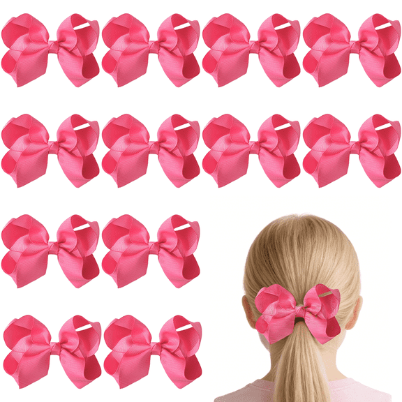 JoyBowie 12pcs 3in Solid Pink Ribbon Hair Bows Voluminous Mini Clips