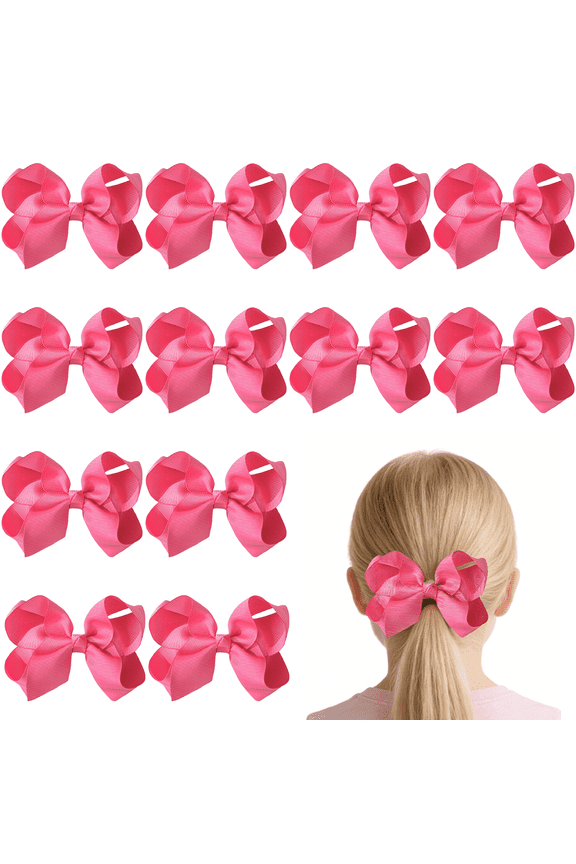 12pcs 3in Solid Pink Ribbon Hair Bows Voluminous Mini Clips