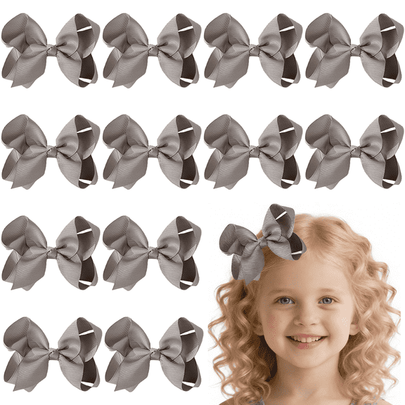 JoyBowie 12pcs 3in hair bows Gray Ribbon Hair Bows Structured for Girls Daily Hairstyling